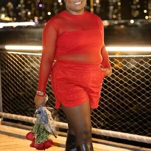 AKIRA 1X Red High Rhinestonr Waist Shorts Set